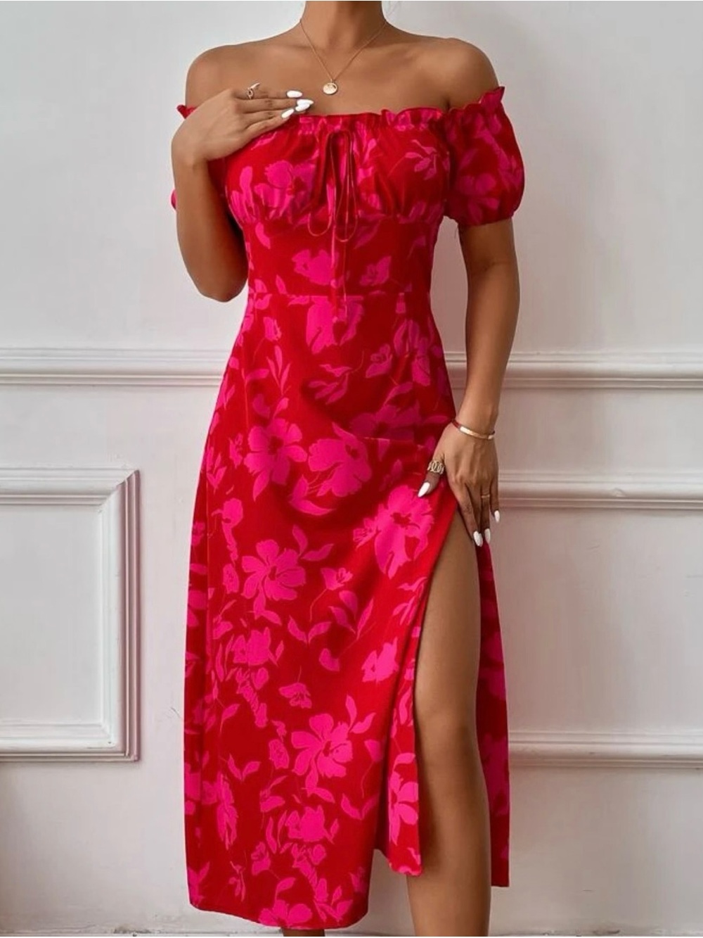Off-Shoulder Red & Hot Pink Floral Sundress